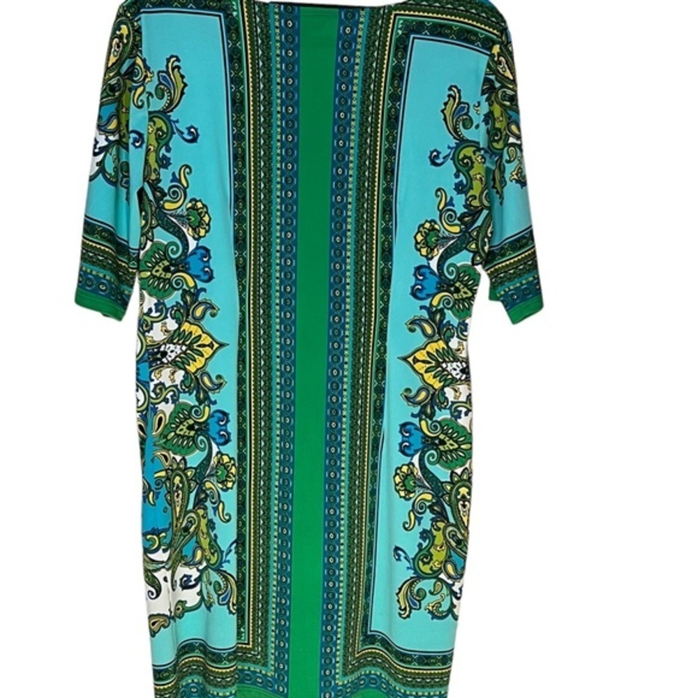 Sunny Leigh Green Turquoise Blue Floral Henna Striped Sheath Dress Medium - Picture 3 of 7